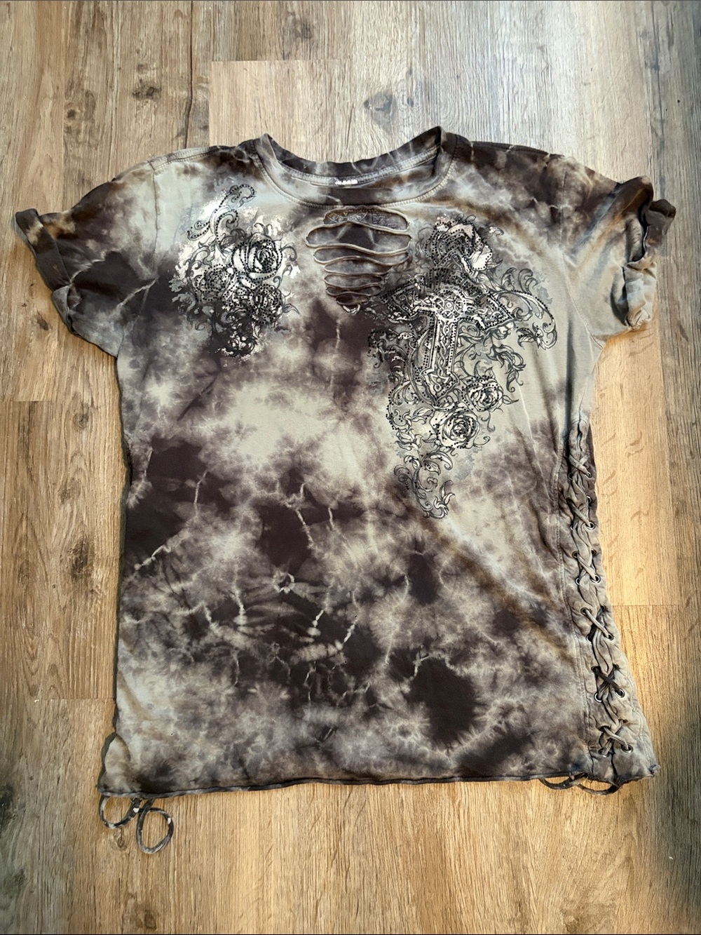 Affliction Black and Grey Tie-Dye Lace-Up Short Sleeve Tee